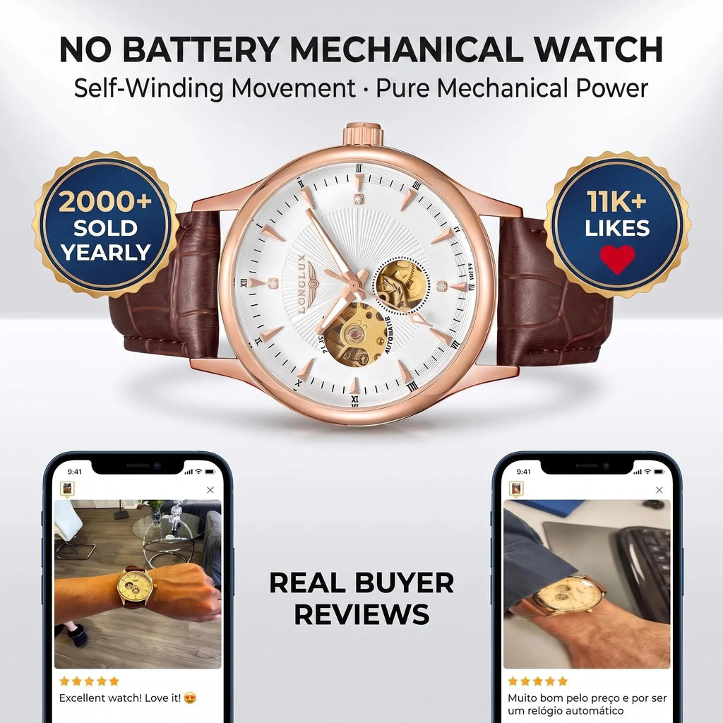 LONGLUX Automatic Watch Elegant Style Wholesale Mechanical Wristwatches Skeleton Rome Waterproof Mens Watch Men Gift