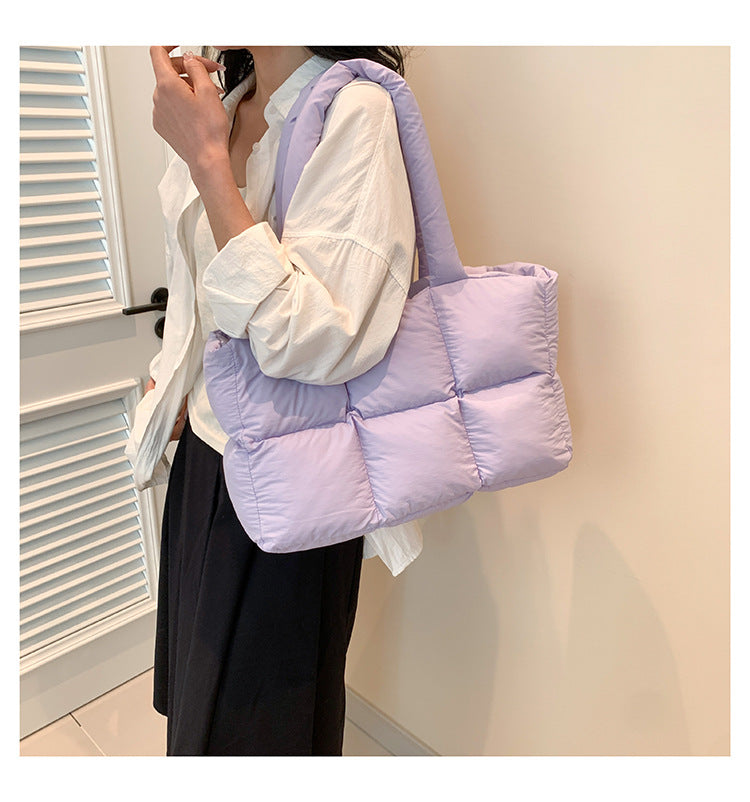 Women Tote Handbags Quilted Plaid Bag Retro Trendy Checkered Waterproof Shoulder Bag Solid Color Winter Soft Large Capacity Bags