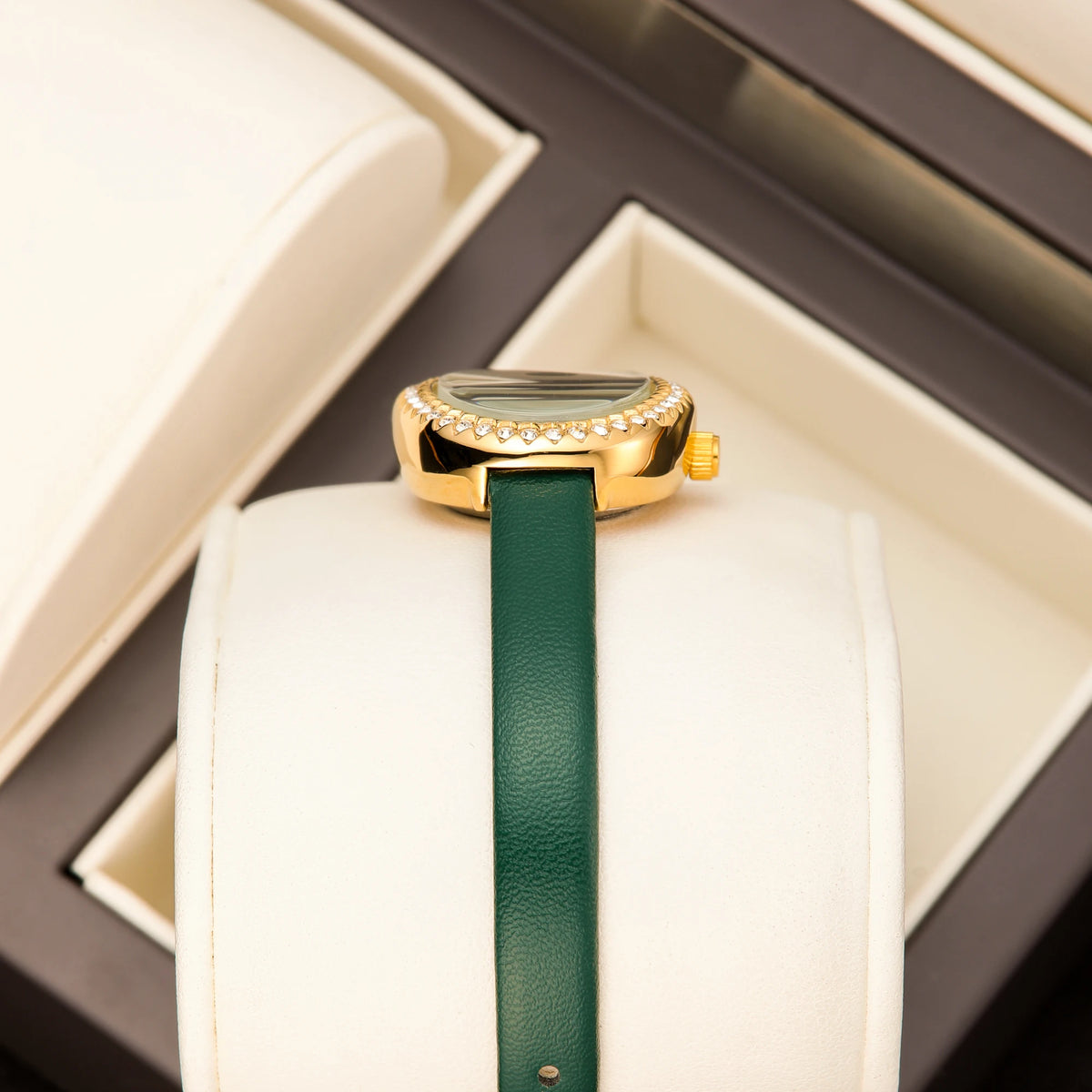 YaLaLuSi Luxury Ladies’ Watch with Rhinestone-Trimmed Oval Dial, Leather Strap and Water-Resistant Quartz Movement