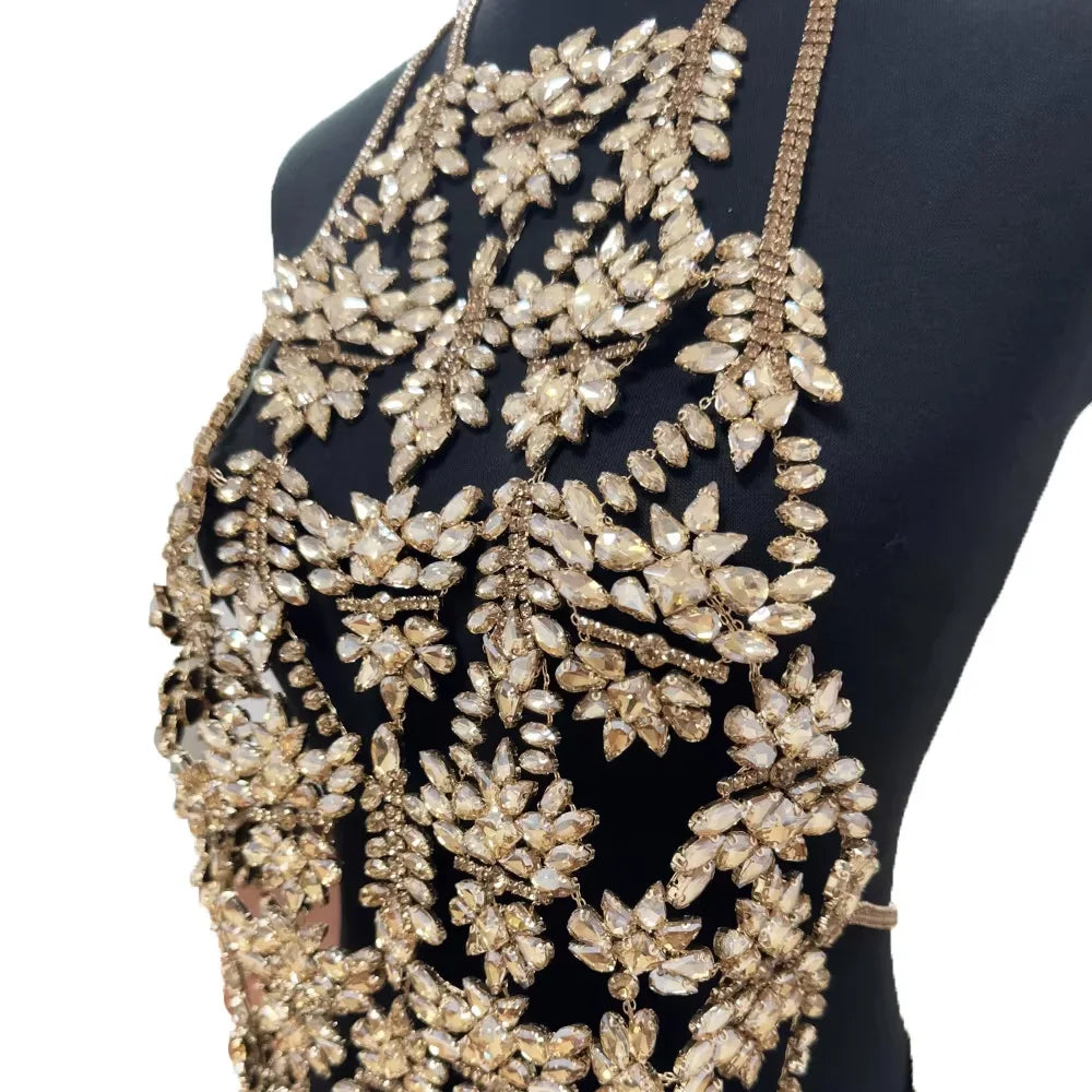 Champagne Gold Rhinestone Body Chain Top
