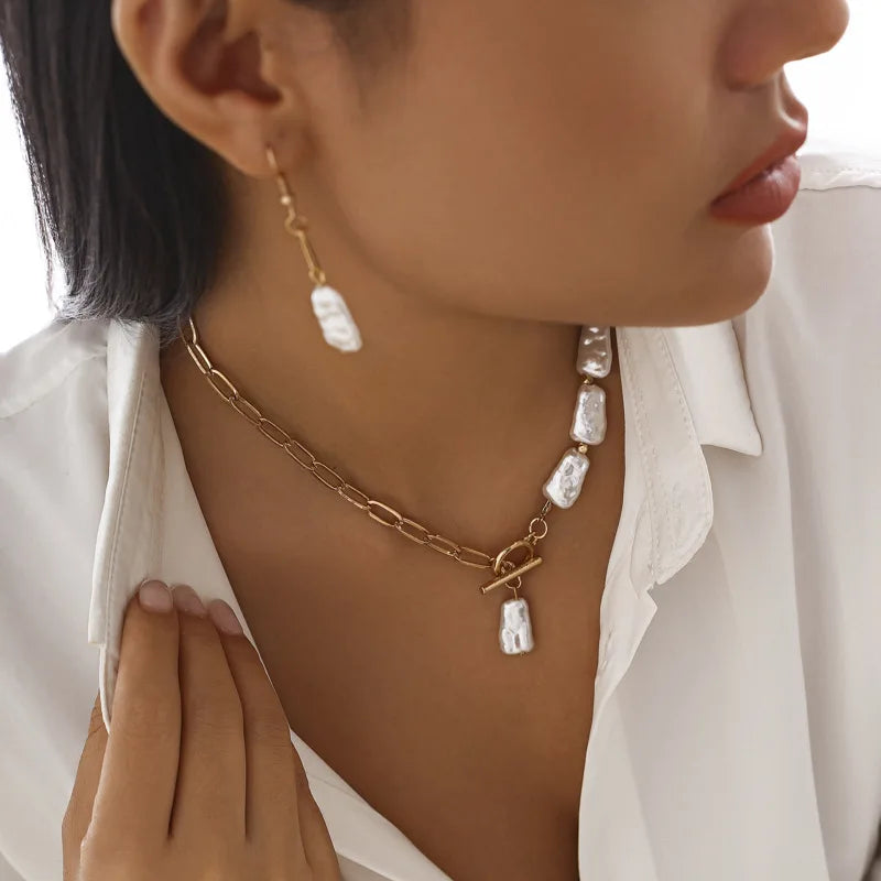 Boho Pearl Pendant Jewelry Set – Necklace, Earrings & Bracelet
