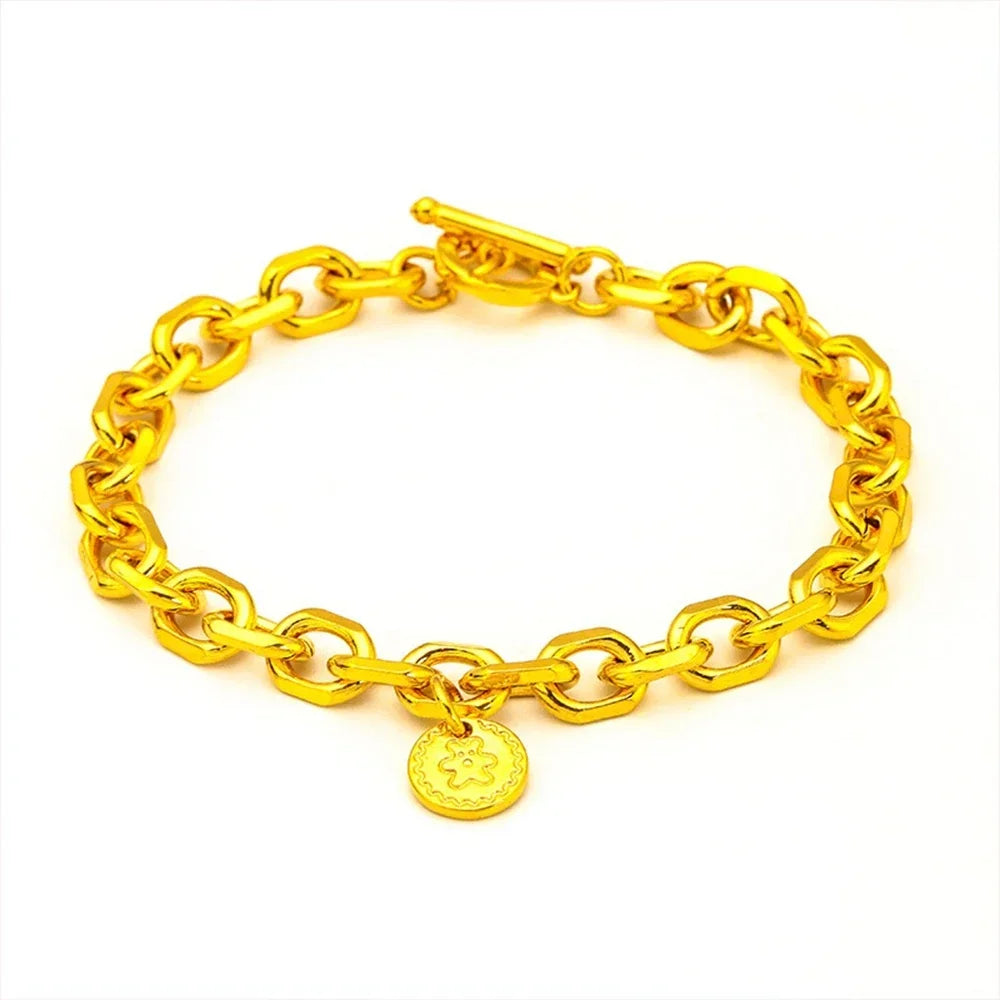 Luxury 18 KT O Link Bracelet for Women Pure Gold Color Circular Pendant Bracelet Matte Wedding Anniversary Fine Jewelry Gifts