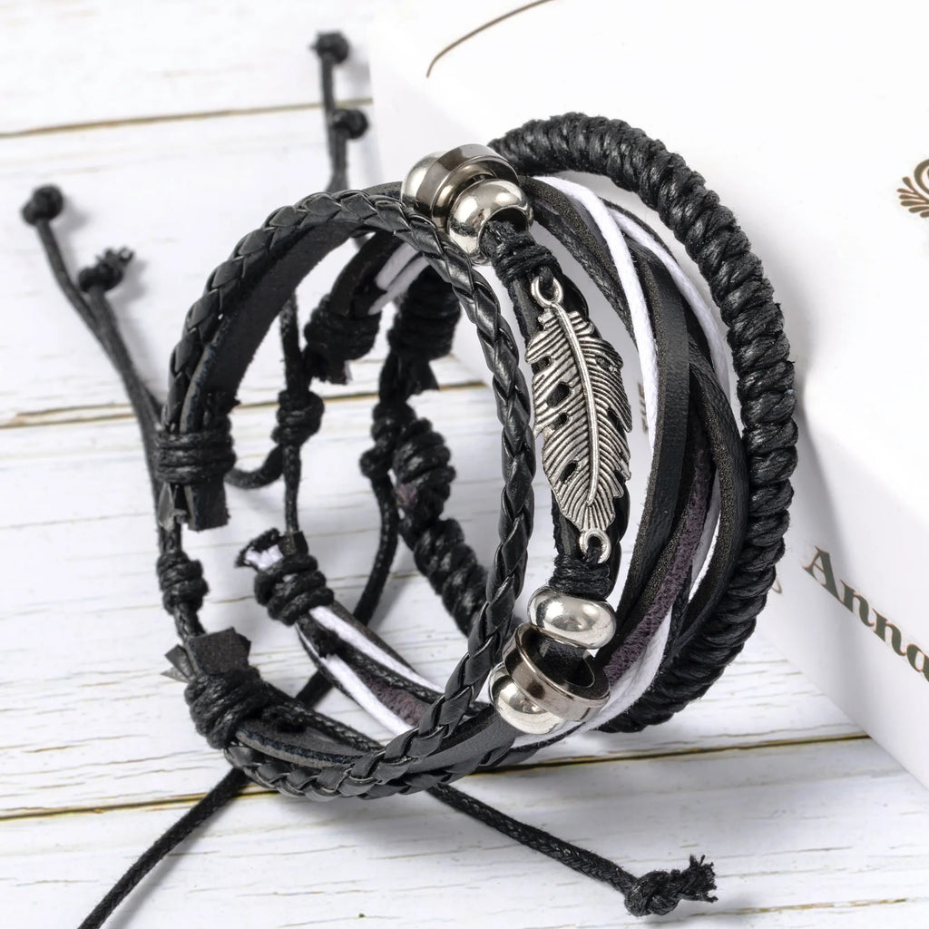 Leather Bracelet For Men New Style Stylish Leather Bracelets Men’S, Retro Leaf Woven Leather Rope, Punk Combination Bracelets