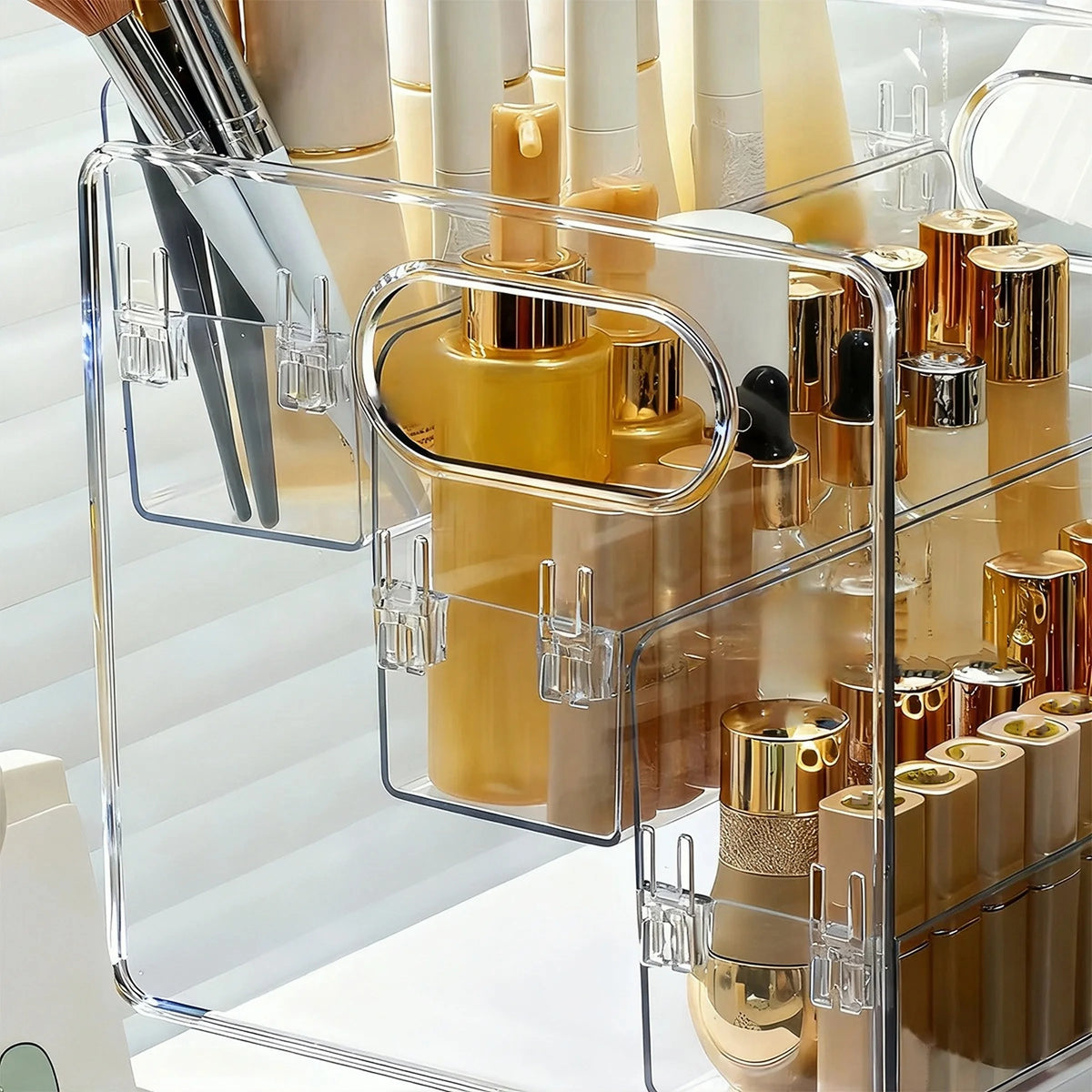 Cosmetics Desktop Storage Box, Acrylic High-Grade Dust-Proof Perfume and Skin Care Product Organizer, Three-Layer Tiered Display and Storage Rack for Dressing Table