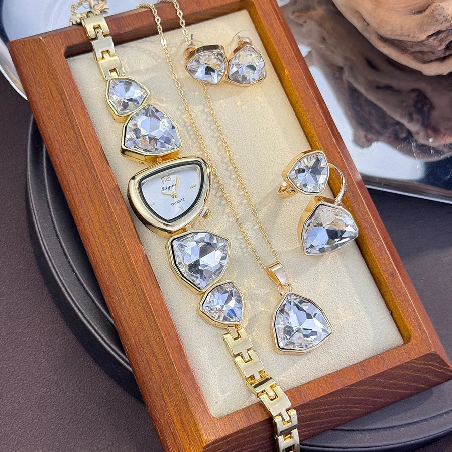 Luxury Ladies Quartz Watch  Colorful Diamond Irregular Shape Necklace Ring Earrings Jewelry Set Four-Piece Gift Set Trendsetter