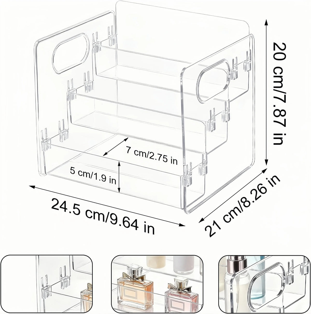 Cosmetics Desktop Storage Box, Acrylic High-Grade Dust-Proof Perfume and Skin Care Product Organizer, Three-Layer Tiered Display and Storage Rack for Dressing Table