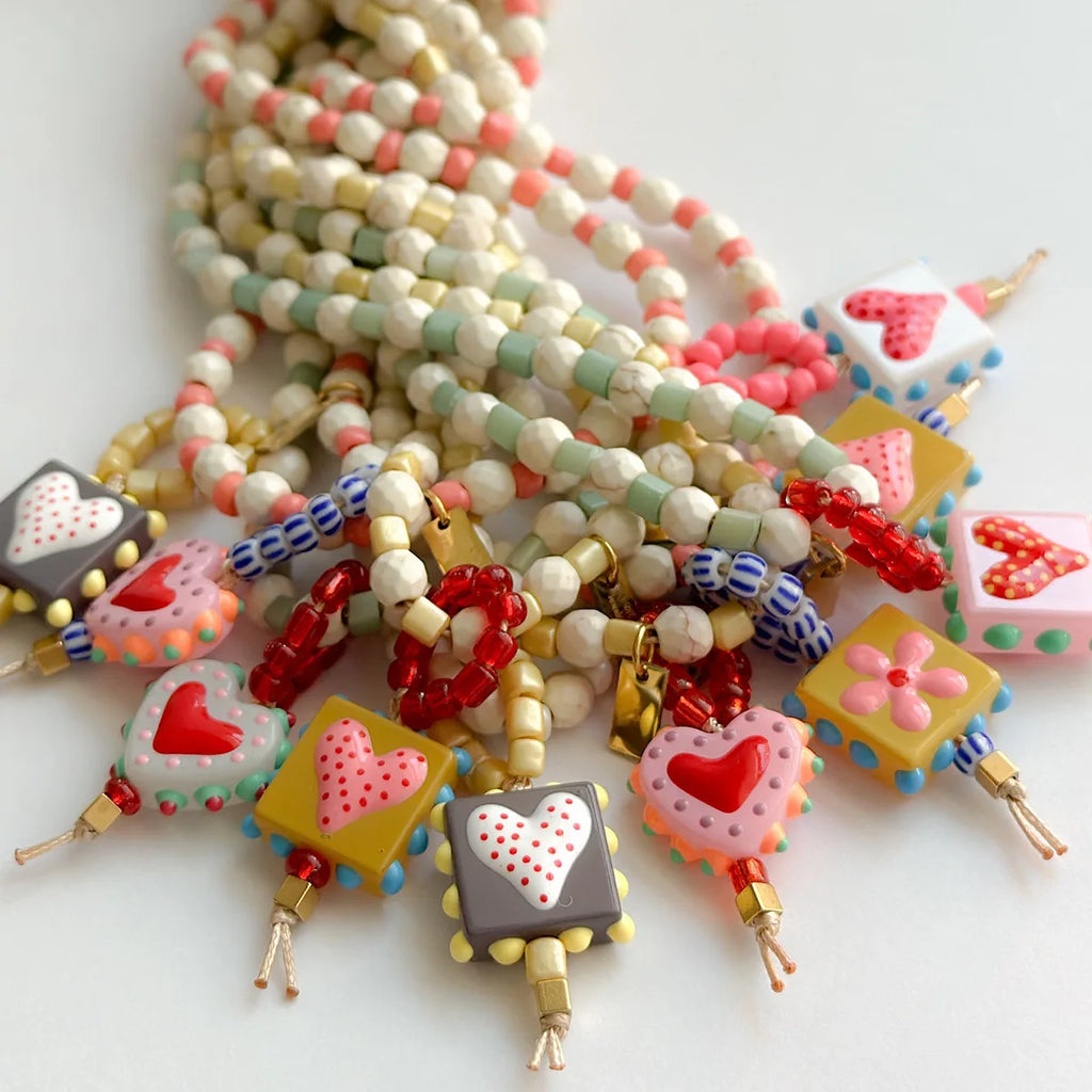 White Turquoise Bead Necklace with Heart Glass Pendant