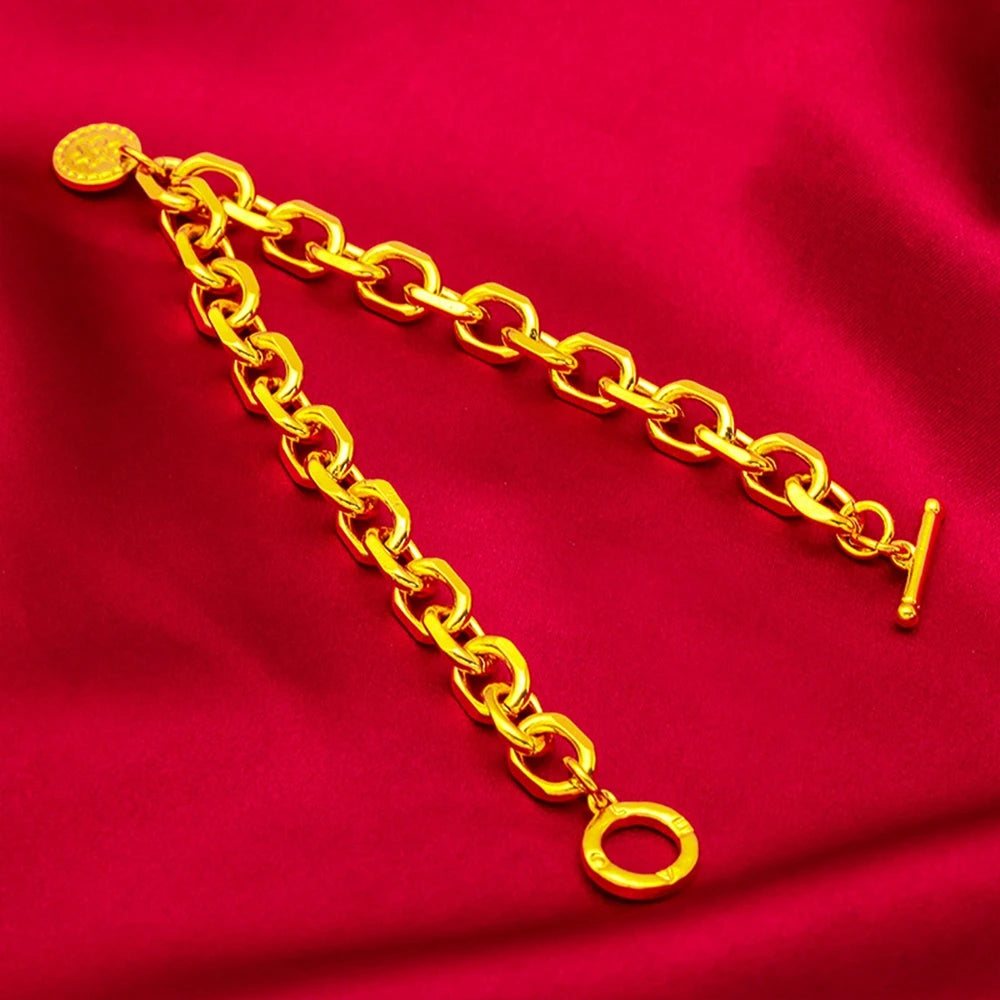 Luxury 18 KT O Link Bracelet for Women Pure Gold Color Circular Pendant Bracelet Matte Wedding Anniversary Fine Jewelry Gifts