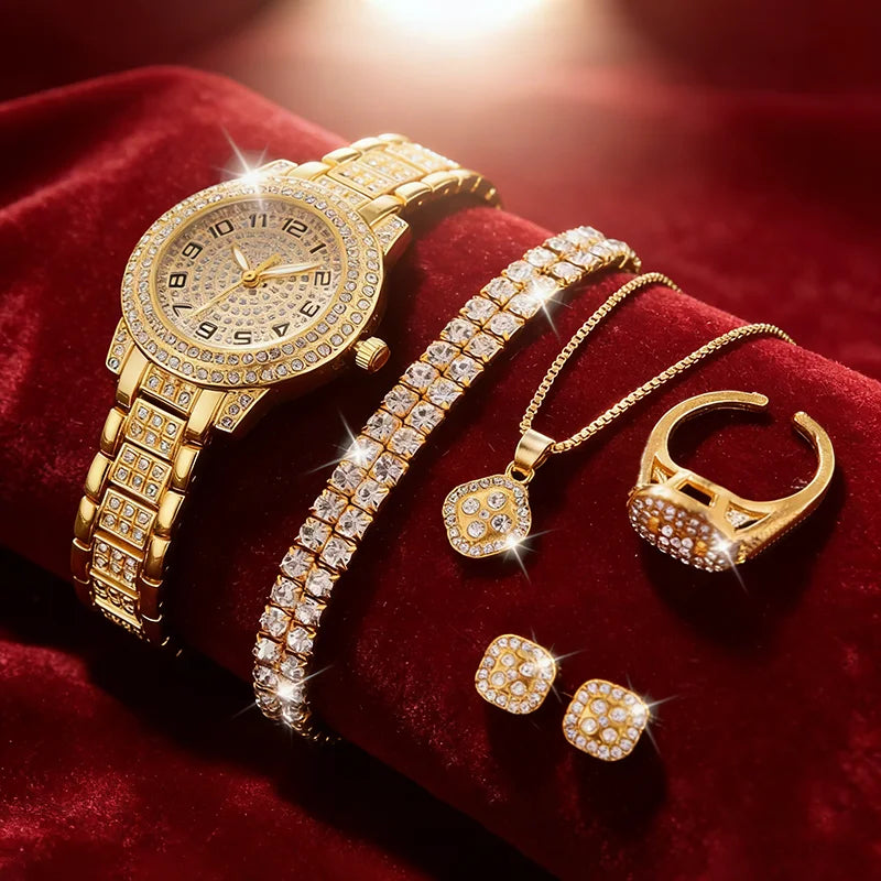 Aurajutt Gold Diamond Bracelet Set Watch