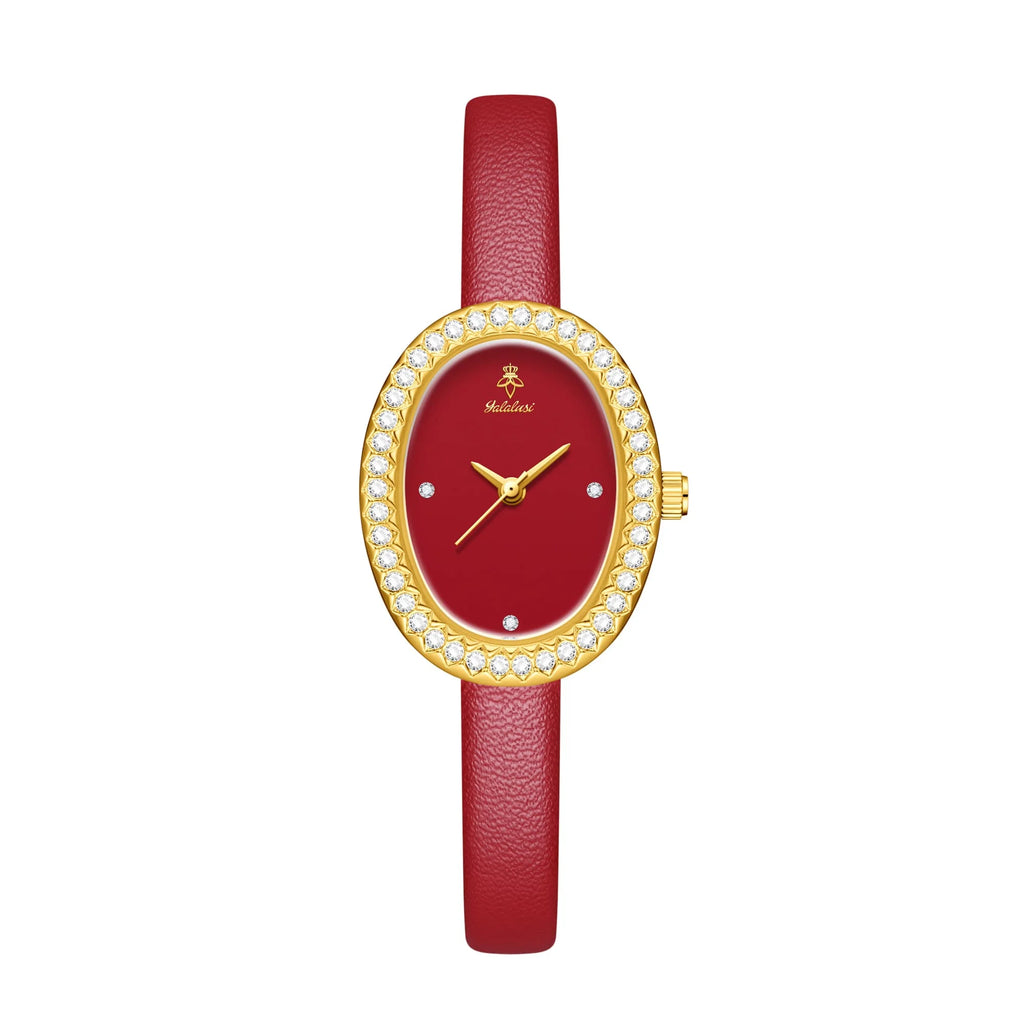 YaLaLuSi Luxury Ladies’ Watch with Rhinestone-Trimmed Oval Dial, Leather Strap and Water-Resistant Quartz Movement