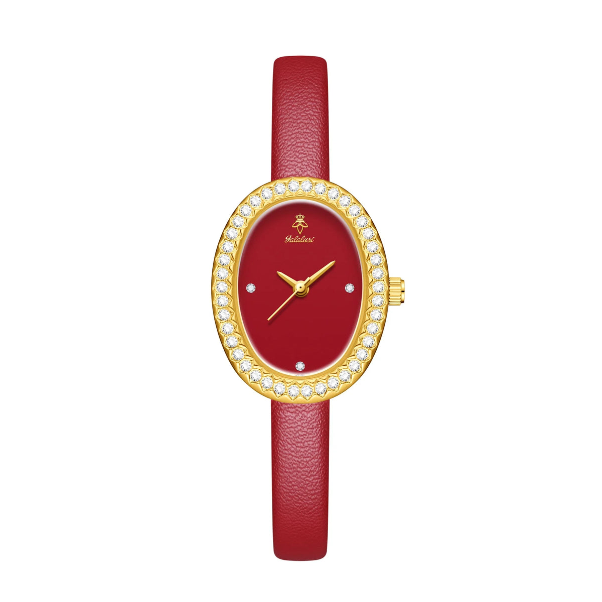 YaLaLuSi Luxury Ladies’ Watch with Rhinestone-Trimmed Oval Dial, Leather Strap and Water-Resistant Quartz Movement