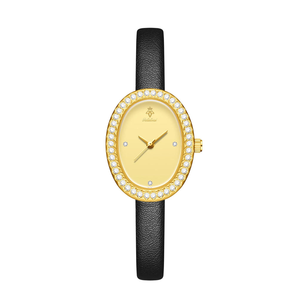 YaLaLuSi Luxury Ladies’ Watch with Rhinestone-Trimmed Oval Dial, Leather Strap and Water-Resistant Quartz Movement