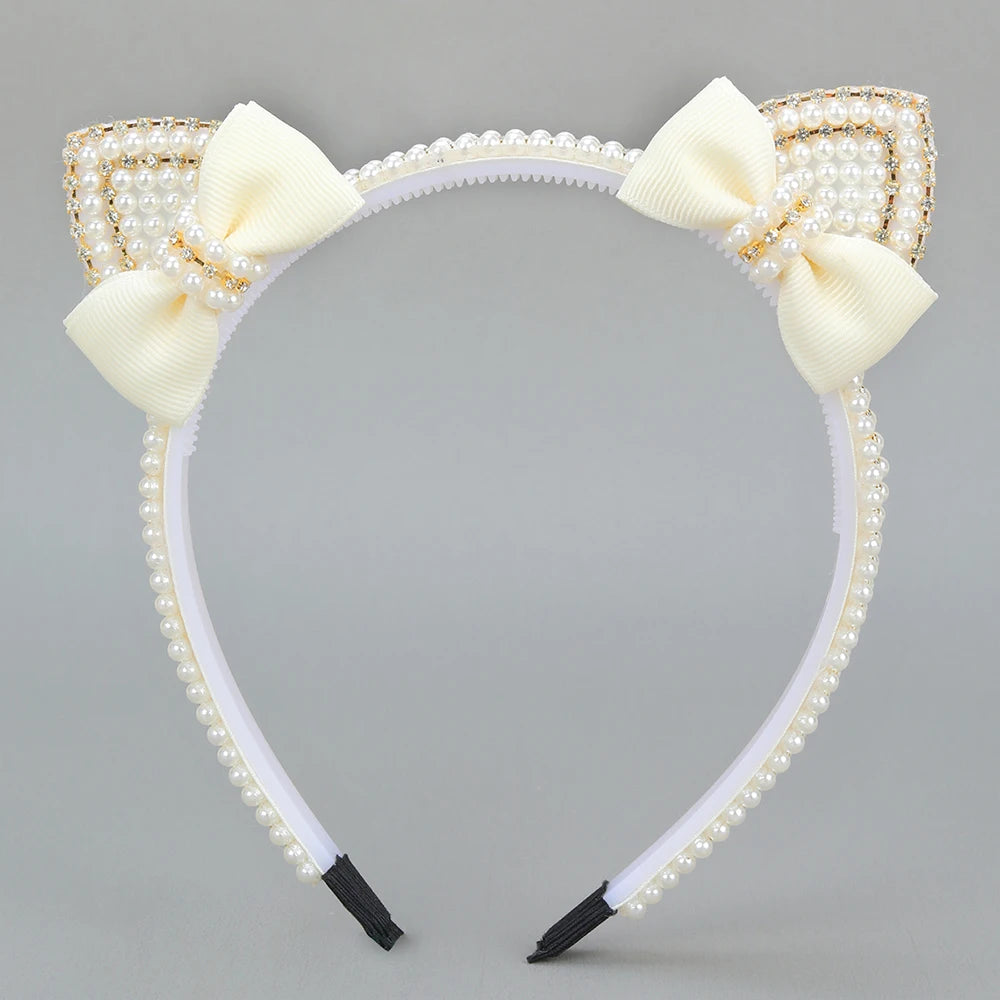 Cat Ear Headbands Sweet Cute Ears Elegant Pearl Bow Hairband For Girls Sweet Head Band Children Kid Hair Hoop Accessories Tiara