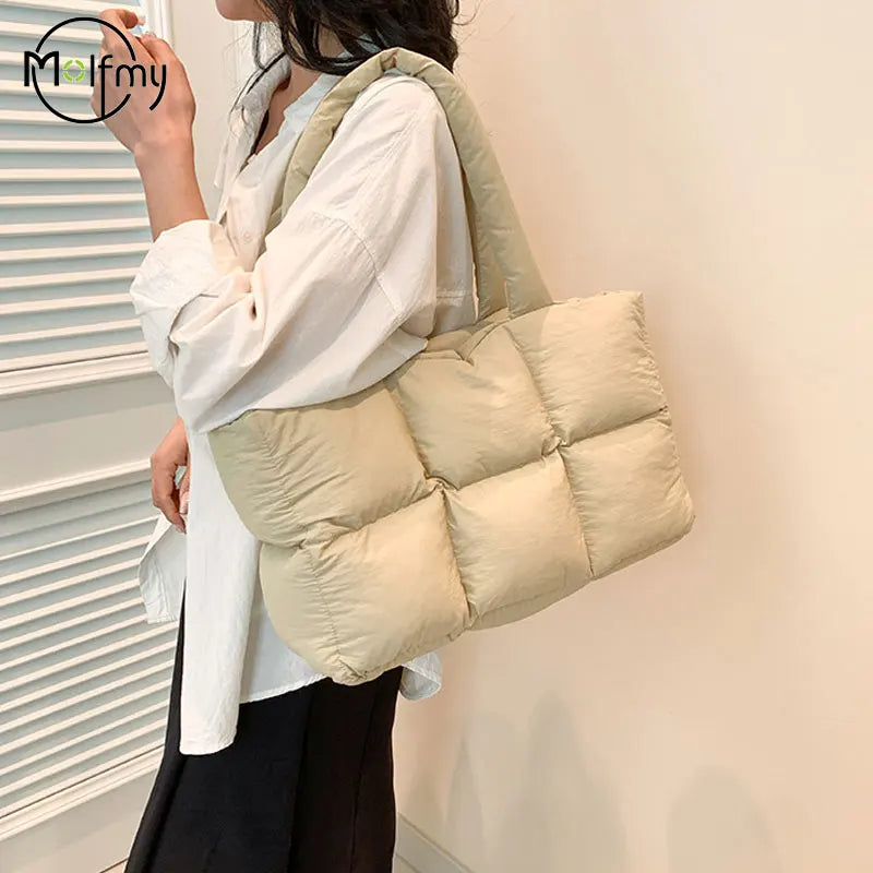 Women Tote Handbags Quilted Plaid Bag Retro Trendy Checkered Waterproof Shoulder Bag Solid Color Winter Soft Large Capacity Bags