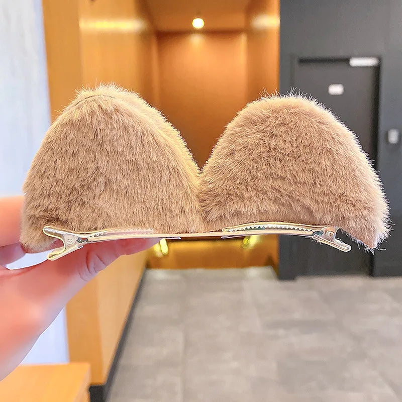 2 PCS/Set Girls Cute Solid Cat Ear Fluff Hair Clips Korean Cartoon Animal Ears Hairpins Barrettes Kids Headwear Hair Accessories