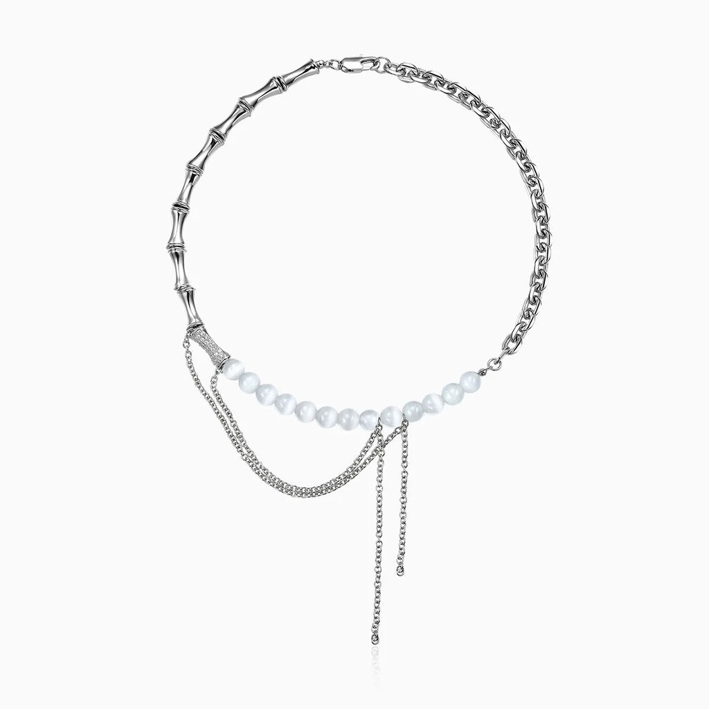 S925 Sterling Silver Bamboo-Link Necklace with Diamonds & Opal