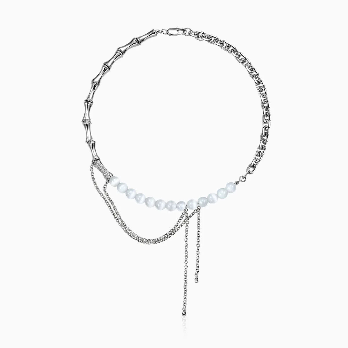 S925 Sterling Silver Bamboo-Link Necklace with Diamonds & Opal