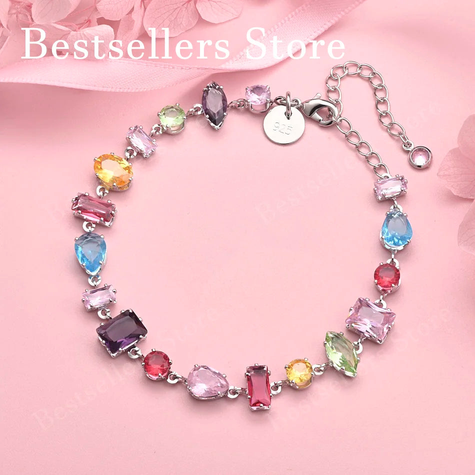 Luxury 925 sterling silver 8-inch exquisite colored zircon bracelet for women's fashionable wedding jewelry accessories