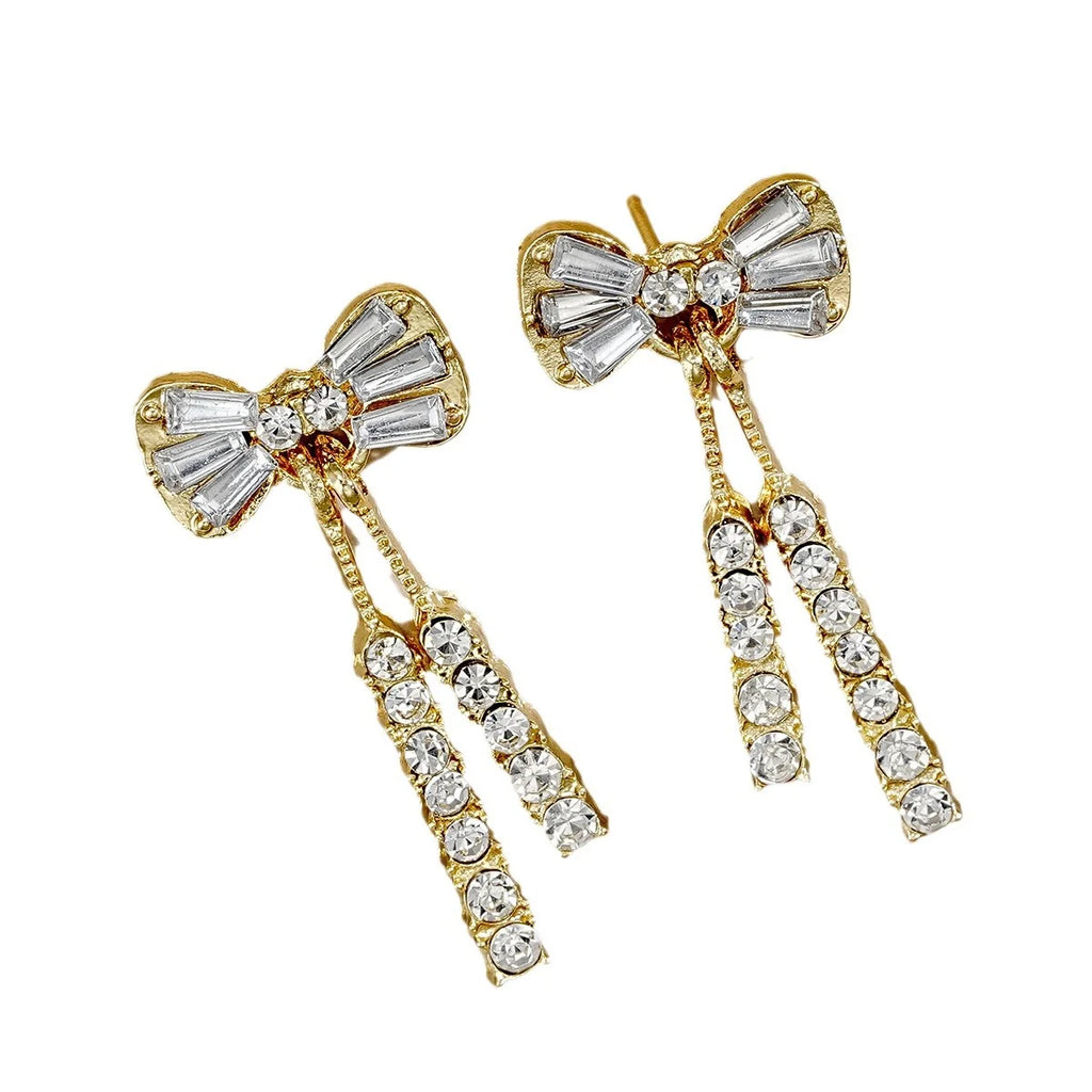 Gold Bow Stud Earrings with Rhinestone Dangle