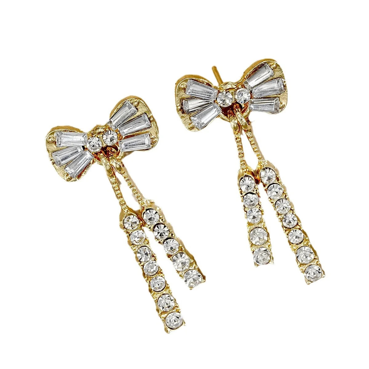 Gold Bow Stud Earrings with Rhinestone Dangle