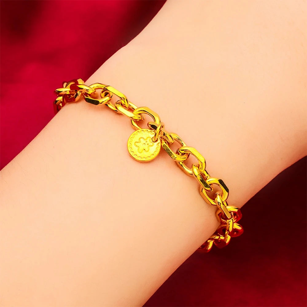 Luxury 18 KT O Link Bracelet for Women Pure Gold Color Circular Pendant Bracelet Matte Wedding Anniversary Fine Jewelry Gifts