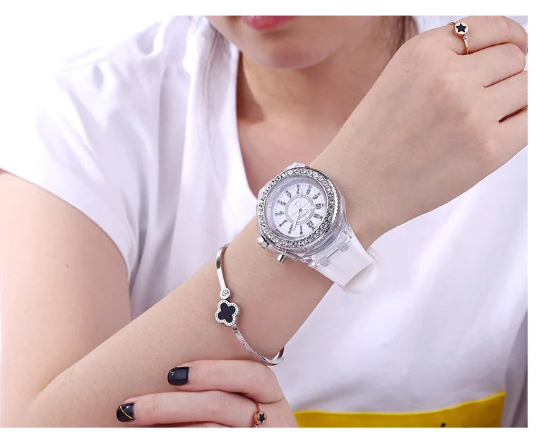 LED Light Flash Luminous Watches Women Men Boys Girls Silicone Wrist Watch Fashion Rhinestone Clock Kids Children Relogio Saati