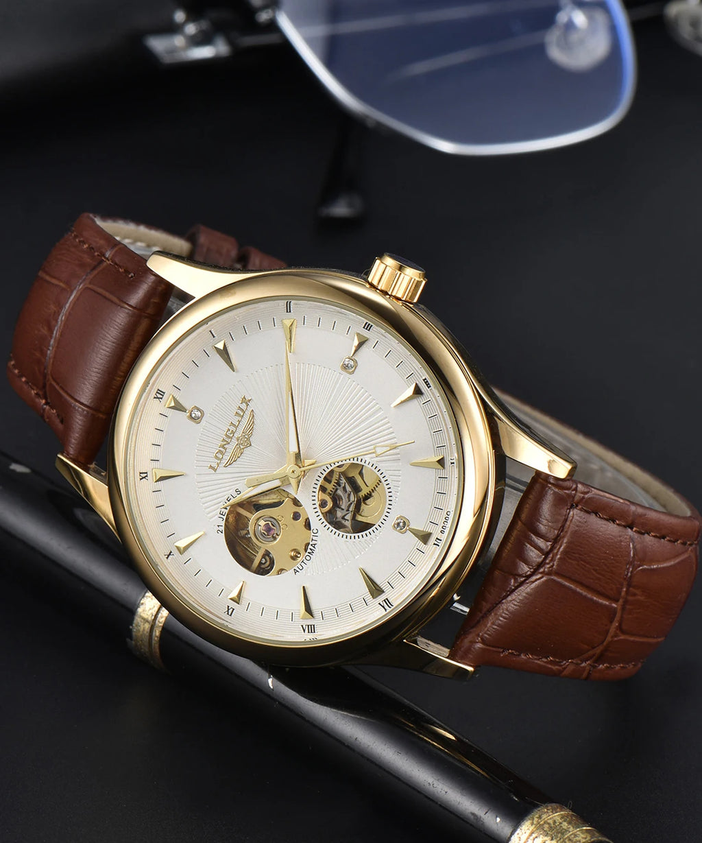 LONGLUX Automatic Watch Elegant Style Wholesale Mechanical Wristwatches Skeleton Rome Waterproof Mens Watch Men Gift