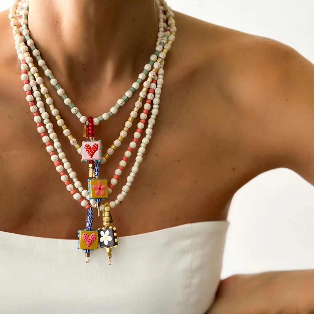 White Turquoise Bead Necklace with Heart Glass Pendant