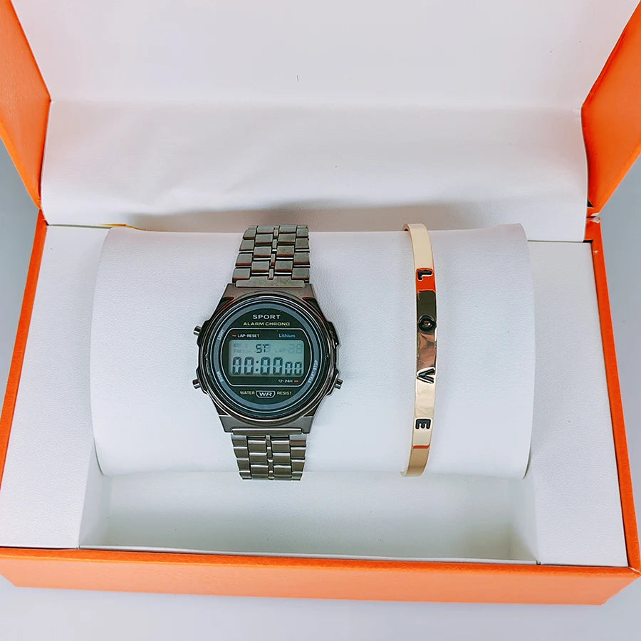 Light-luxury Women Watches Set Ladies Electronic Wristwatch with Bracelet Retro Style LED Digital Display Sports Clock