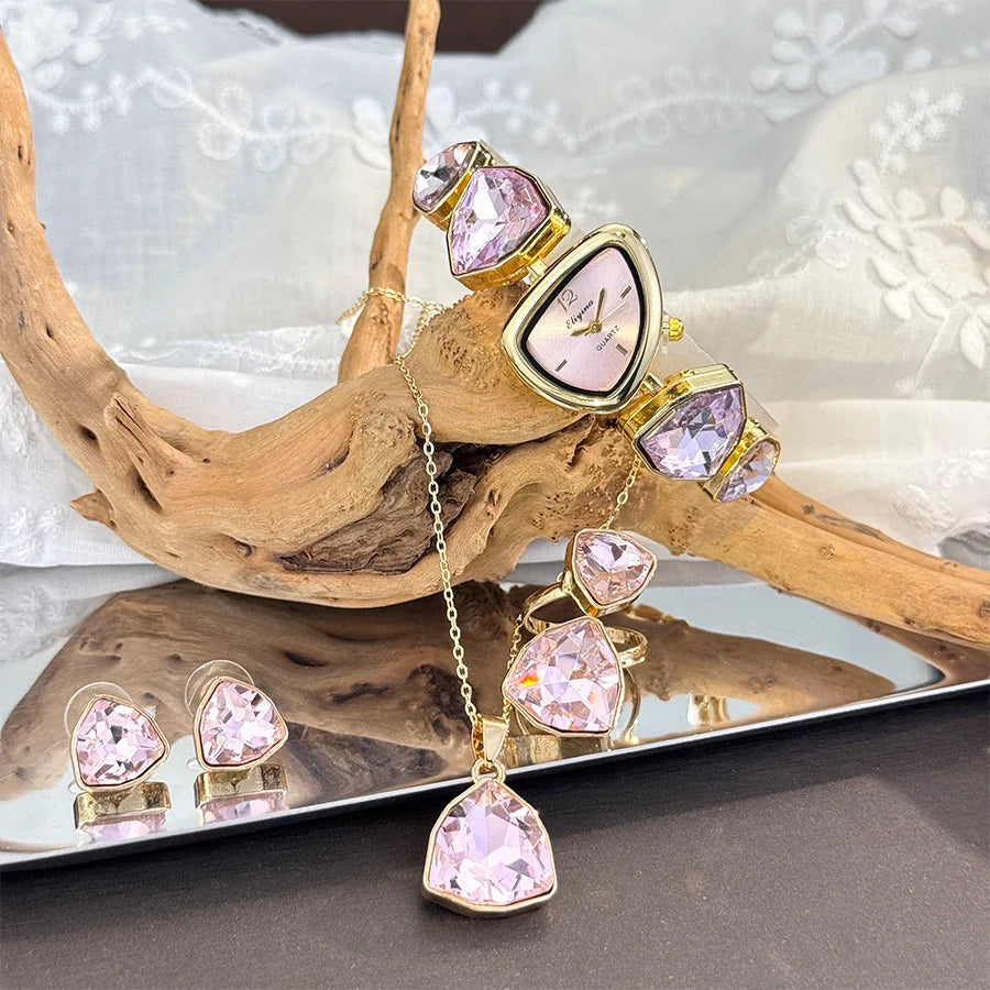 Luxury Ladies Quartz Watch  Colorful Diamond Irregular Shape Necklace Ring Earrings Jewelry Set Four-Piece Gift Set Trendsetter