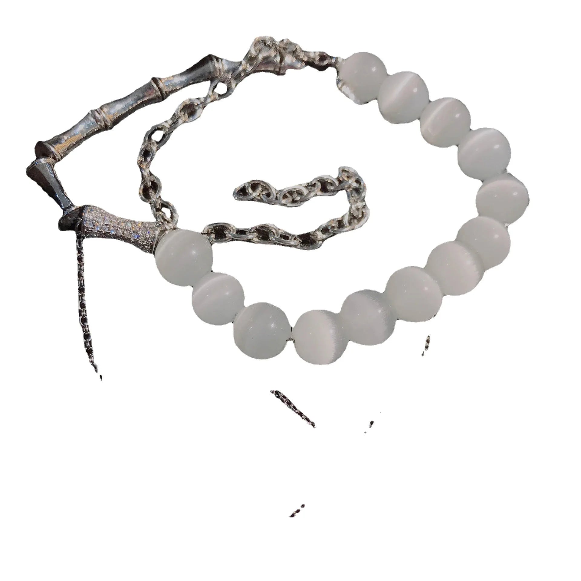 S925 Sterling Silver Bamboo-Link Necklace with Diamonds & Opal