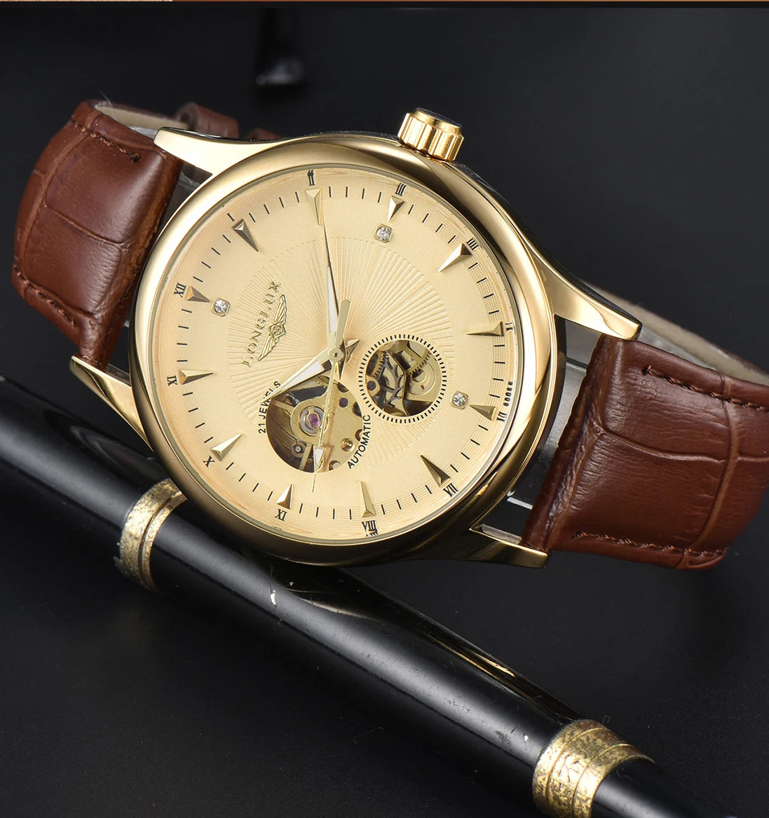 LONGLUX Automatic Watch Elegant Style Wholesale Mechanical Wristwatches Skeleton Rome Waterproof Mens Watch Men Gift