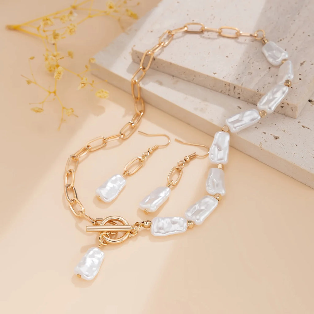 Boho Pearl Pendant Jewelry Set – Necklace, Earrings & Bracelet