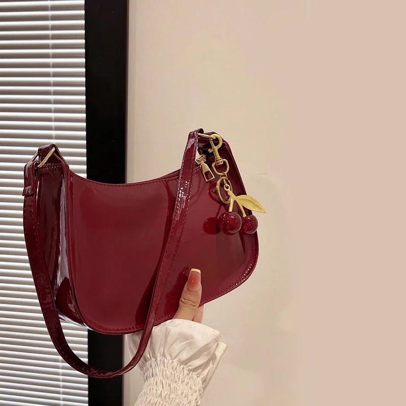 Women's PU Leather Handbag Versatile Fashion Solid Color Cherry Pendant Shoulder Bag Casual Commuting Bag Girl Underarm Bag