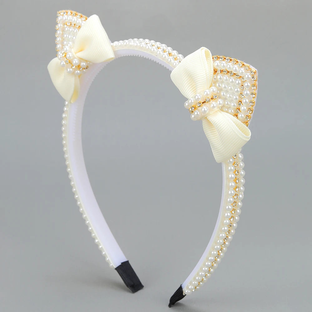 Cat Ear Headbands Sweet Cute Ears Elegant Pearl Bow Hairband For Girls Sweet Head Band Children Kid Hair Hoop Accessories Tiara