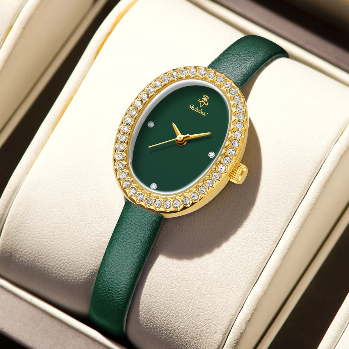YaLaLuSi Luxury Ladies’ Watch with Rhinestone-Trimmed Oval Dial, Leather Strap and Water-Resistant Quartz Movement