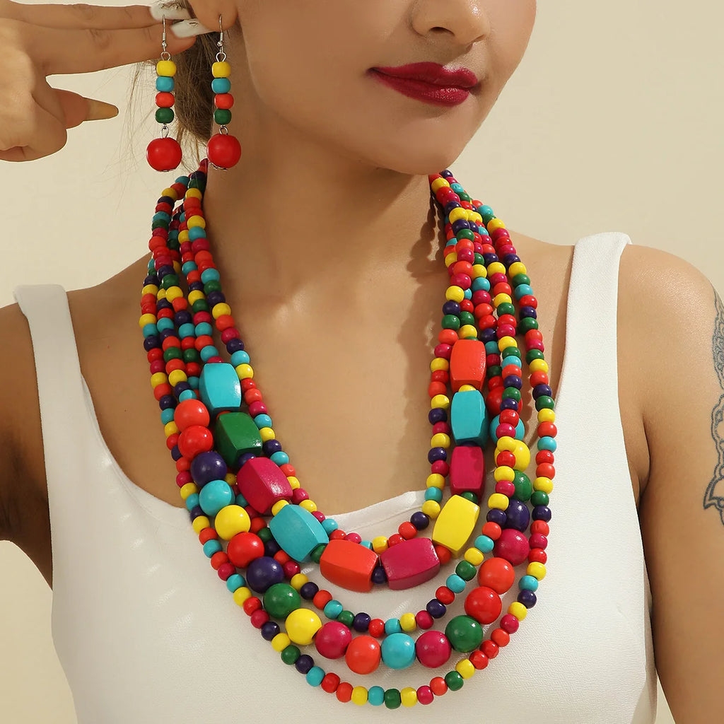 Bohemian Wooden Bead Necklace & Earring Set