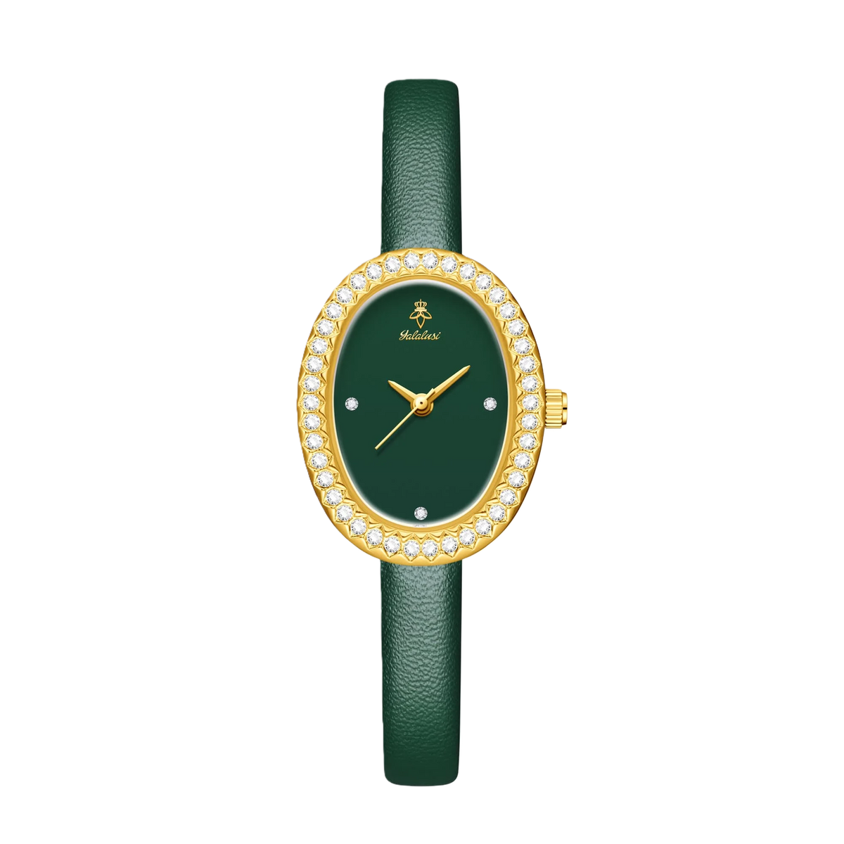 YaLaLuSi Luxury Ladies’ Watch with Rhinestone-Trimmed Oval Dial, Leather Strap and Water-Resistant Quartz Movement