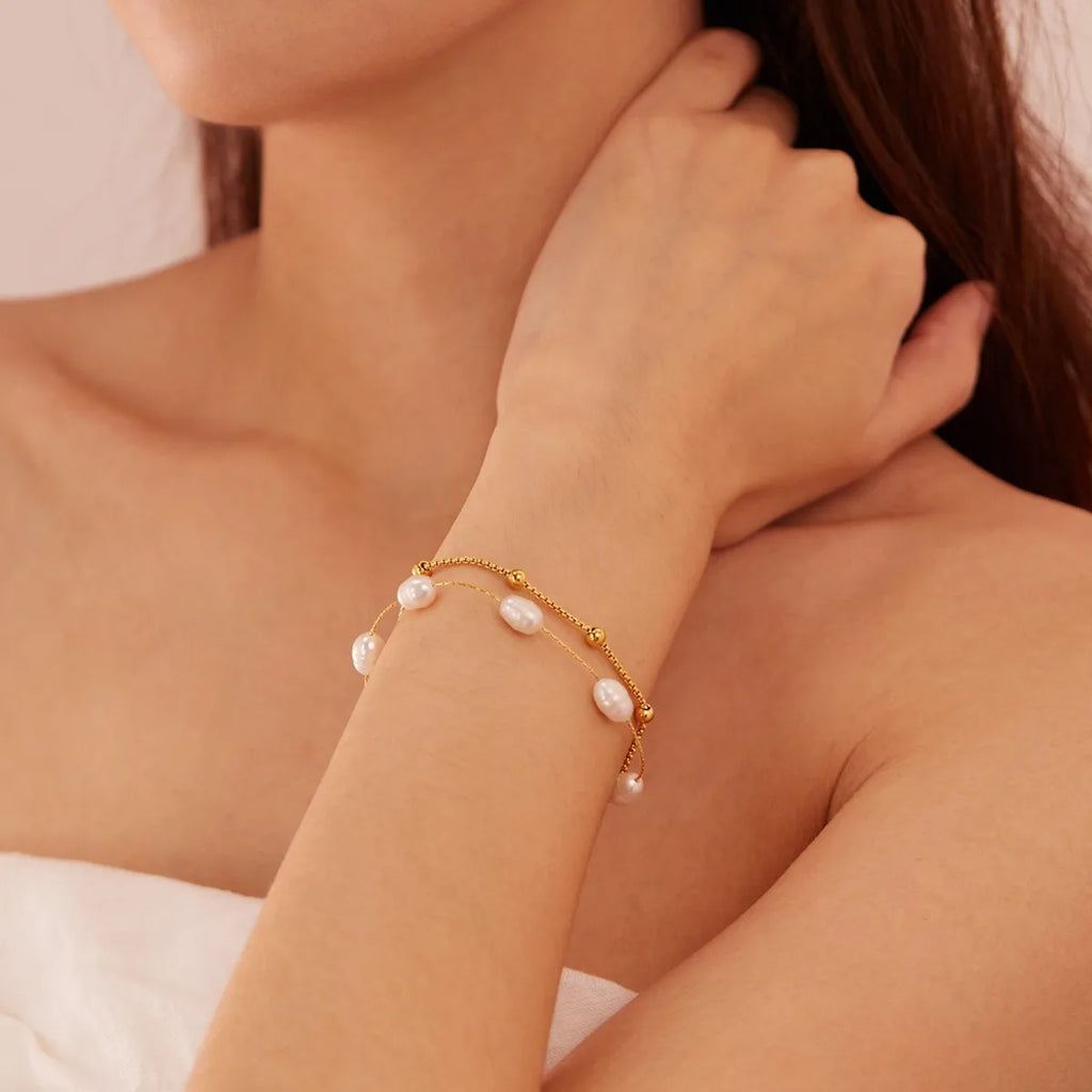 Luxury Double Layer Pearl Bracelet - Stainless Steel Jewelry for Women, Hypoallergenic Gift & Party Bangles Chain Accessories