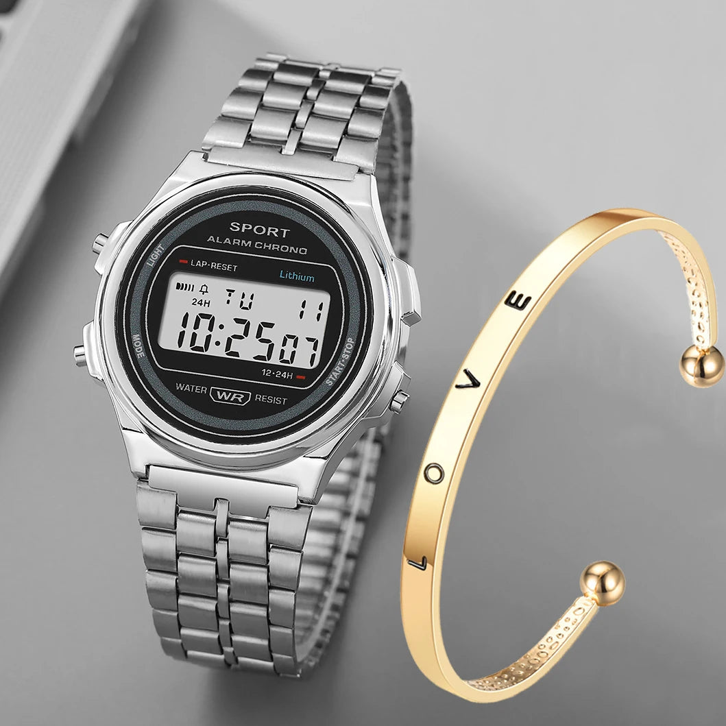 Light-luxury Women Watches Set Ladies Electronic Wristwatch with Bracelet Retro Style LED Digital Display Sports Clock