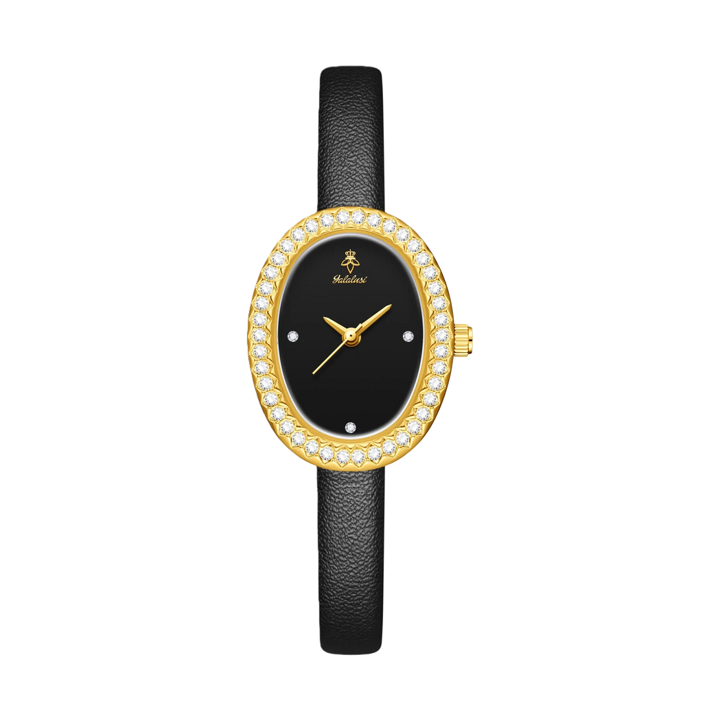 YaLaLuSi Luxury Ladies’ Watch with Rhinestone-Trimmed Oval Dial, Leather Strap and Water-Resistant Quartz Movement