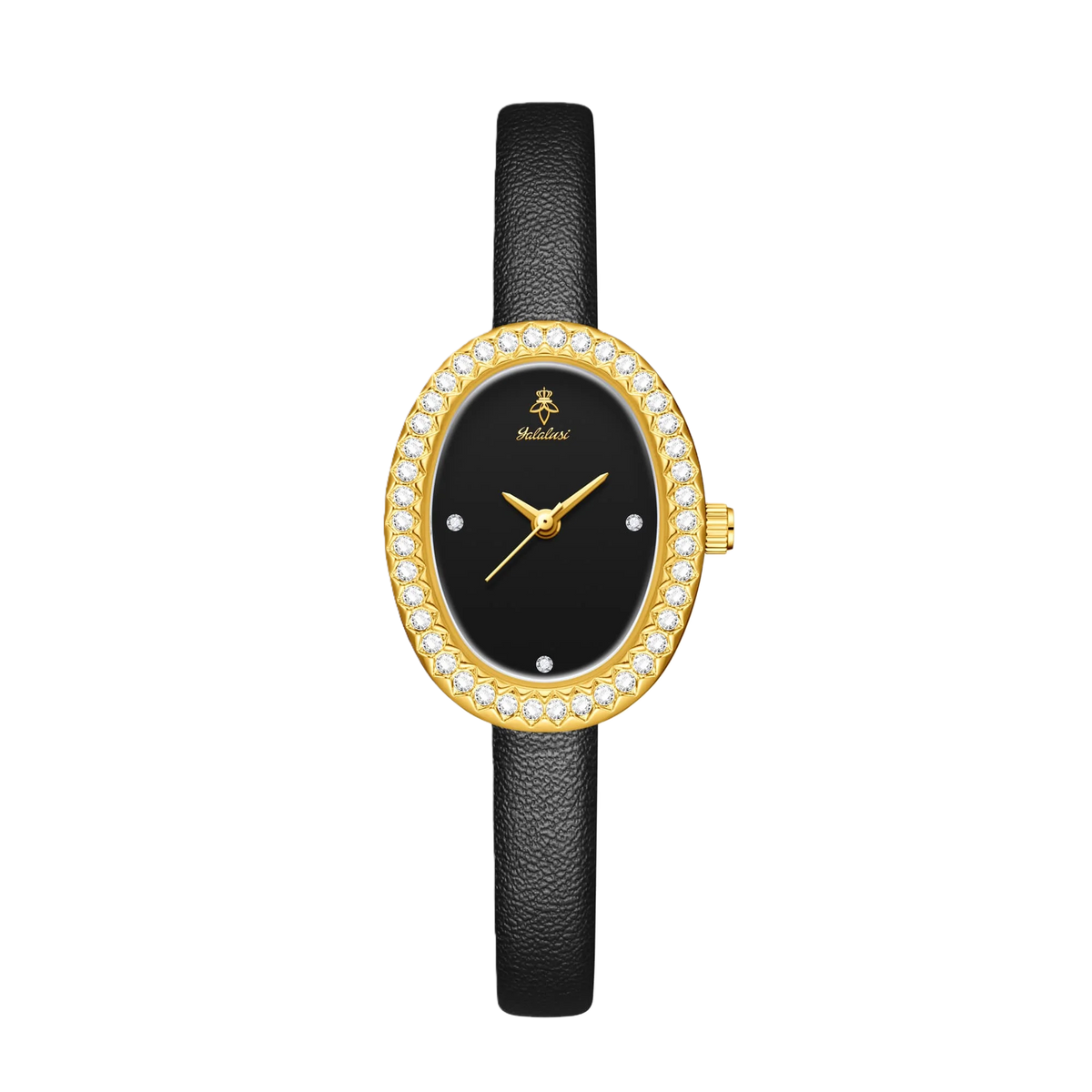 YaLaLuSi Luxury Ladies’ Watch with Rhinestone-Trimmed Oval Dial, Leather Strap and Water-Resistant Quartz Movement