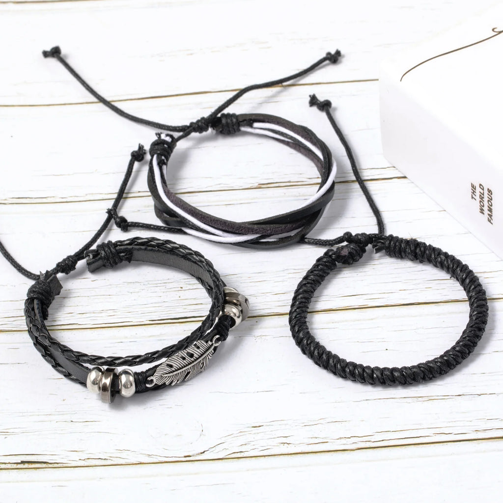 Leather Bracelet For Men New Style Stylish Leather Bracelets Men’S, Retro Leaf Woven Leather Rope, Punk Combination Bracelets