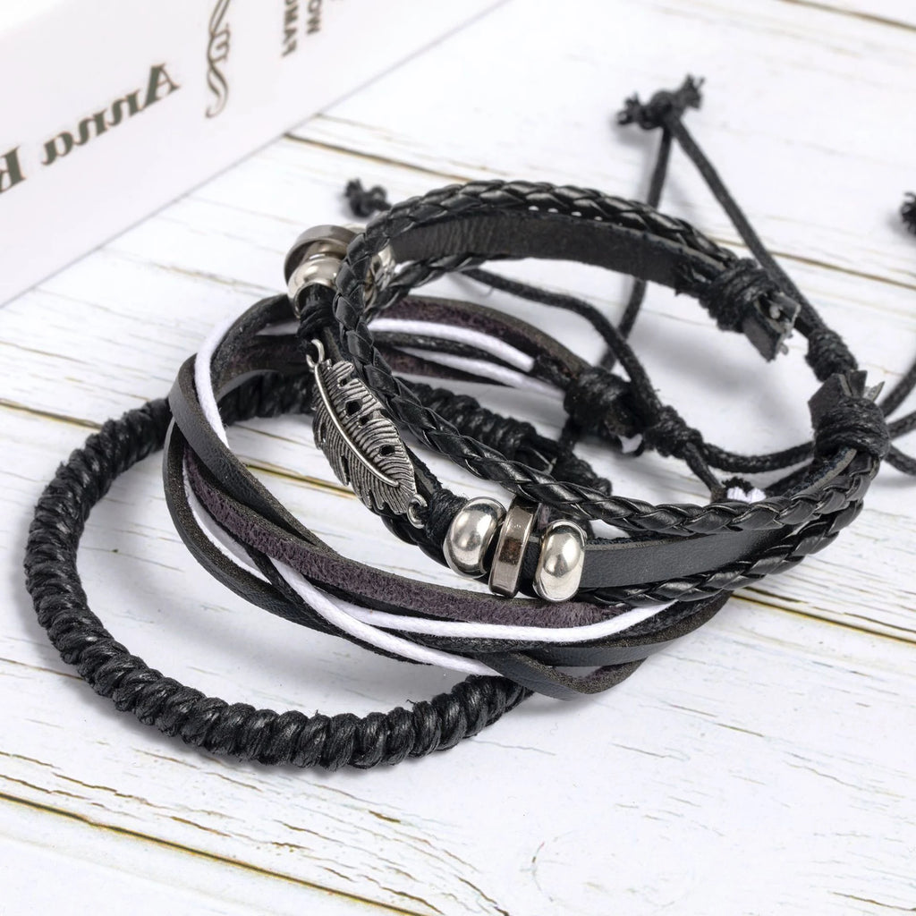 Leather Bracelet For Men New Style Stylish Leather Bracelets Men’S, Retro Leaf Woven Leather Rope, Punk Combination Bracelets