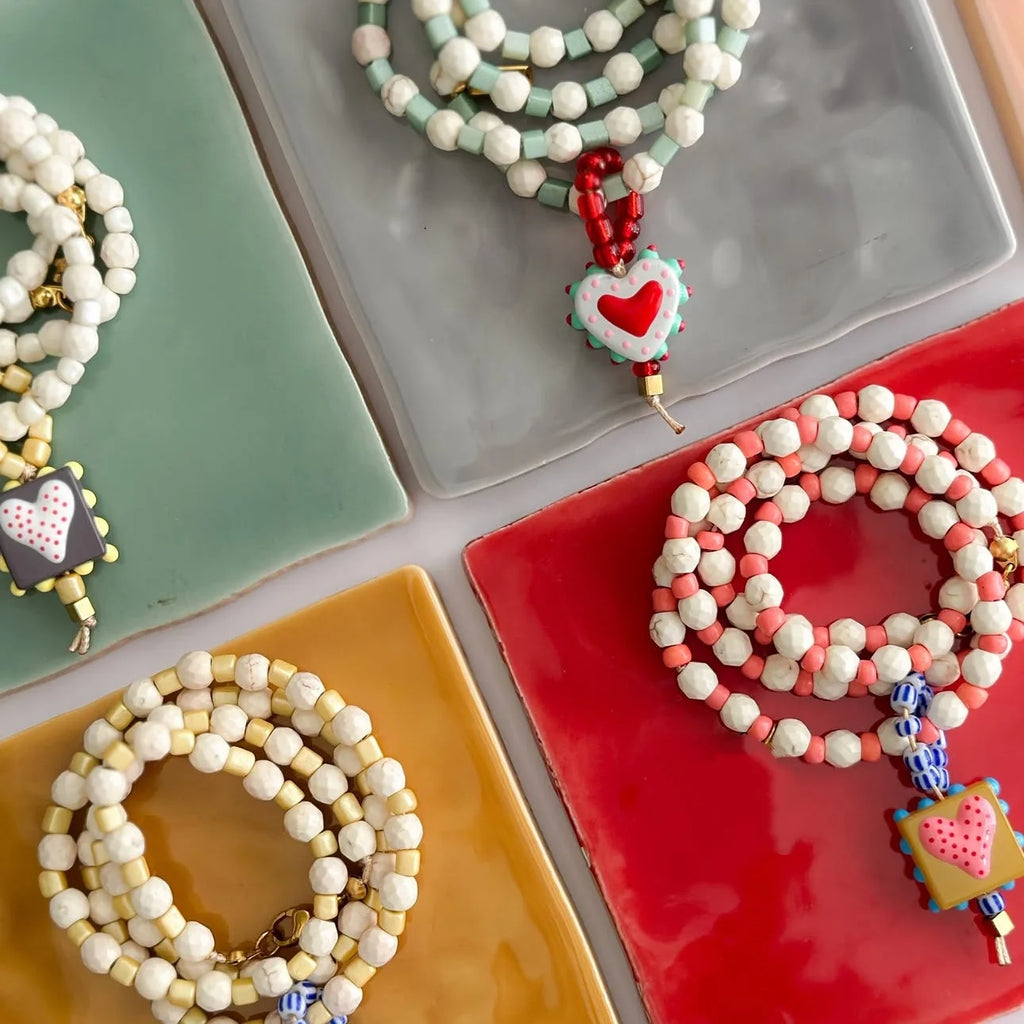 White Turquoise Bead Necklace with Heart Glass Pendant