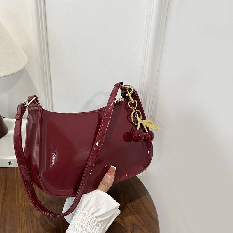 Women's PU Leather Handbag Versatile Fashion Solid Color Cherry Pendant Shoulder Bag Casual Commuting Bag Girl Underarm Bag