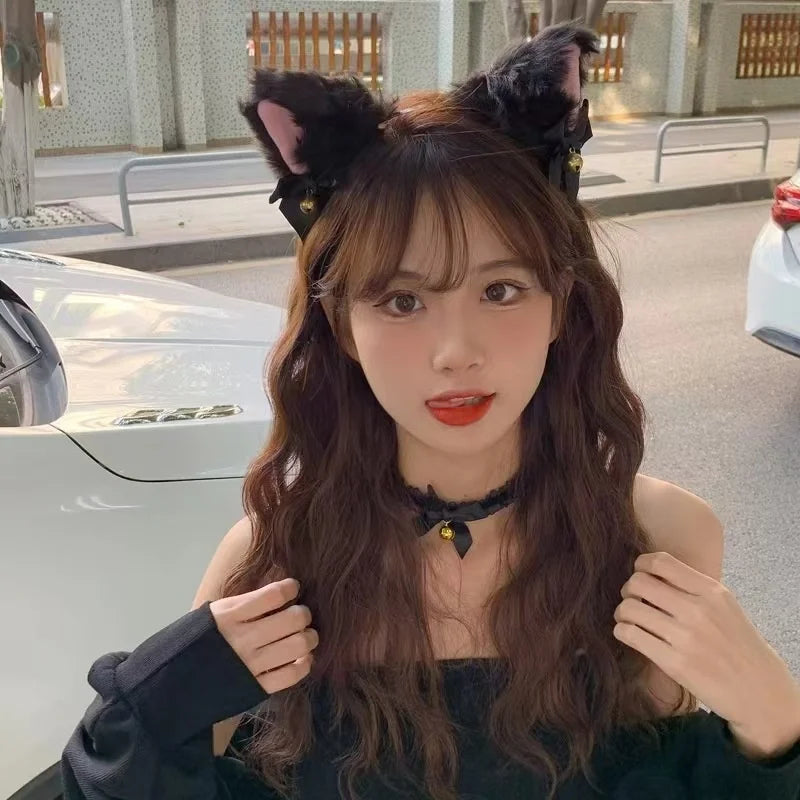 Sexy Cat Ears Headband for Women Girls Lace Bow Necklace Plush Bell Hairband Cosplay Masquerade-Party Costume Hair Accessories
