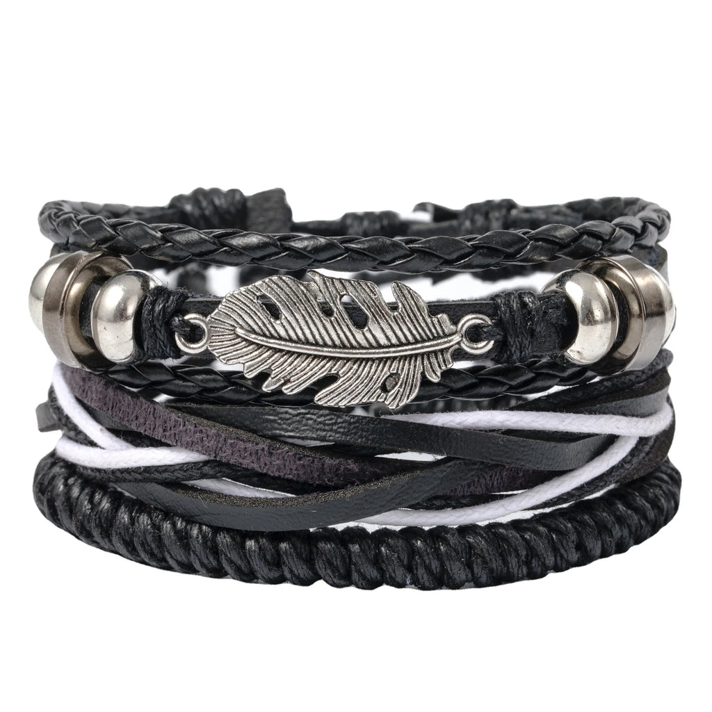 Leather Bracelet For Men New Style Stylish Leather Bracelets Men’S, Retro Leaf Woven Leather Rope, Punk Combination Bracelets