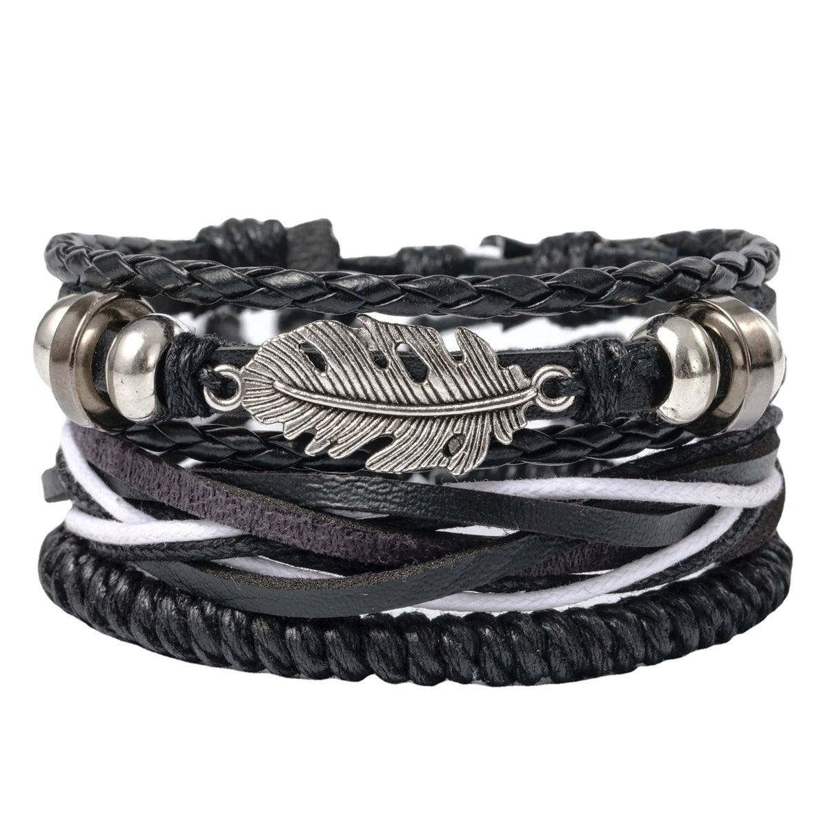Leather Bracelet For Men New Style Stylish Leather Bracelets Men’S, Retro Leaf Woven Leather Rope, Punk Combination Bracelets