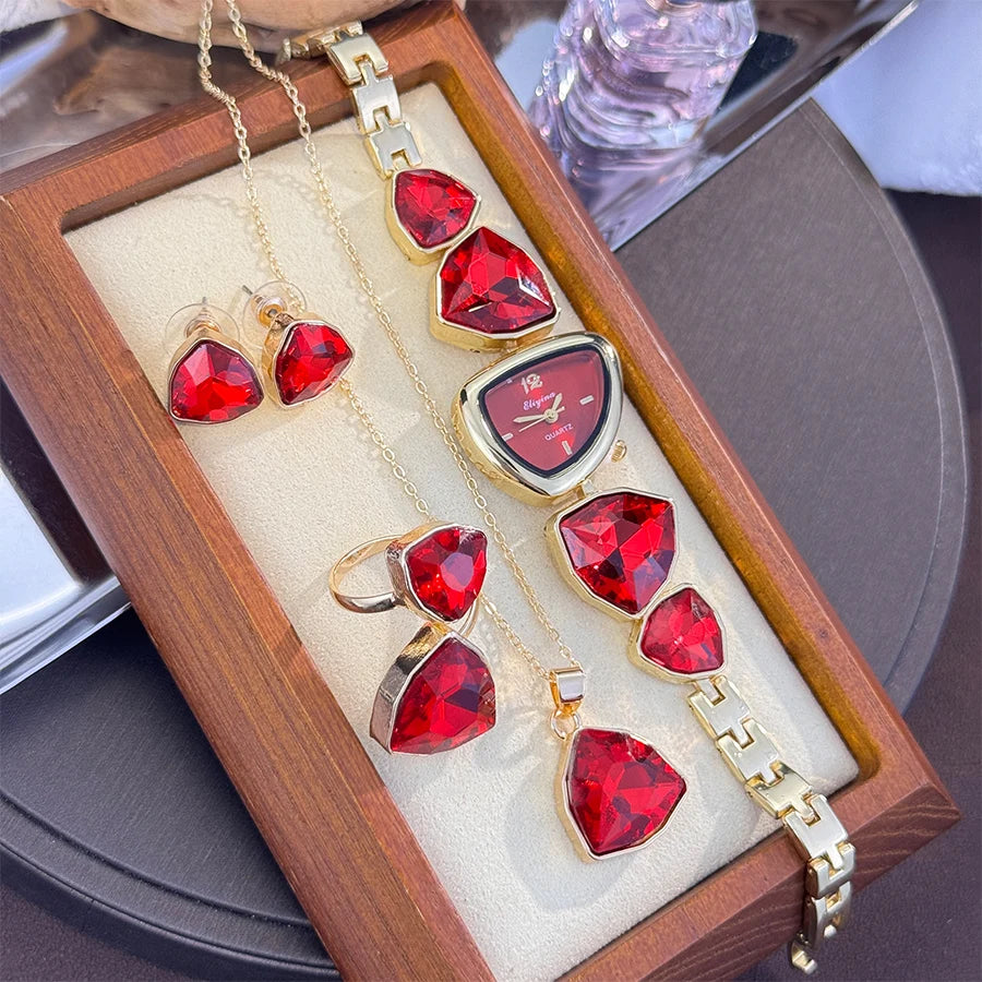 Luxury Ladies Quartz Watch  Colorful Diamond Irregular Shape Necklace Ring Earrings Jewelry Set Four-Piece Gift Set Trendsetter